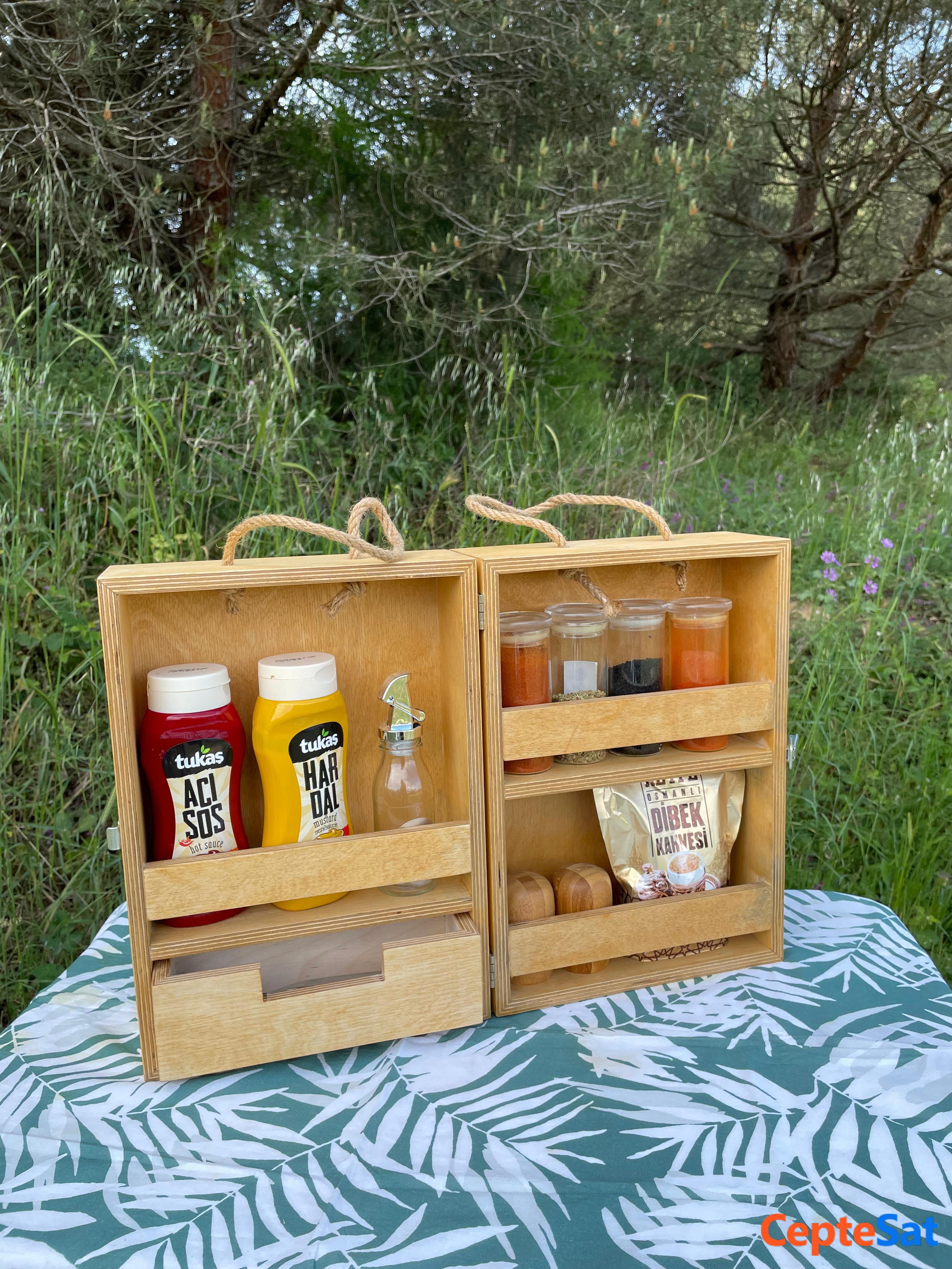 Kamp Piknik Baharat Rafı Ahşap Organizer