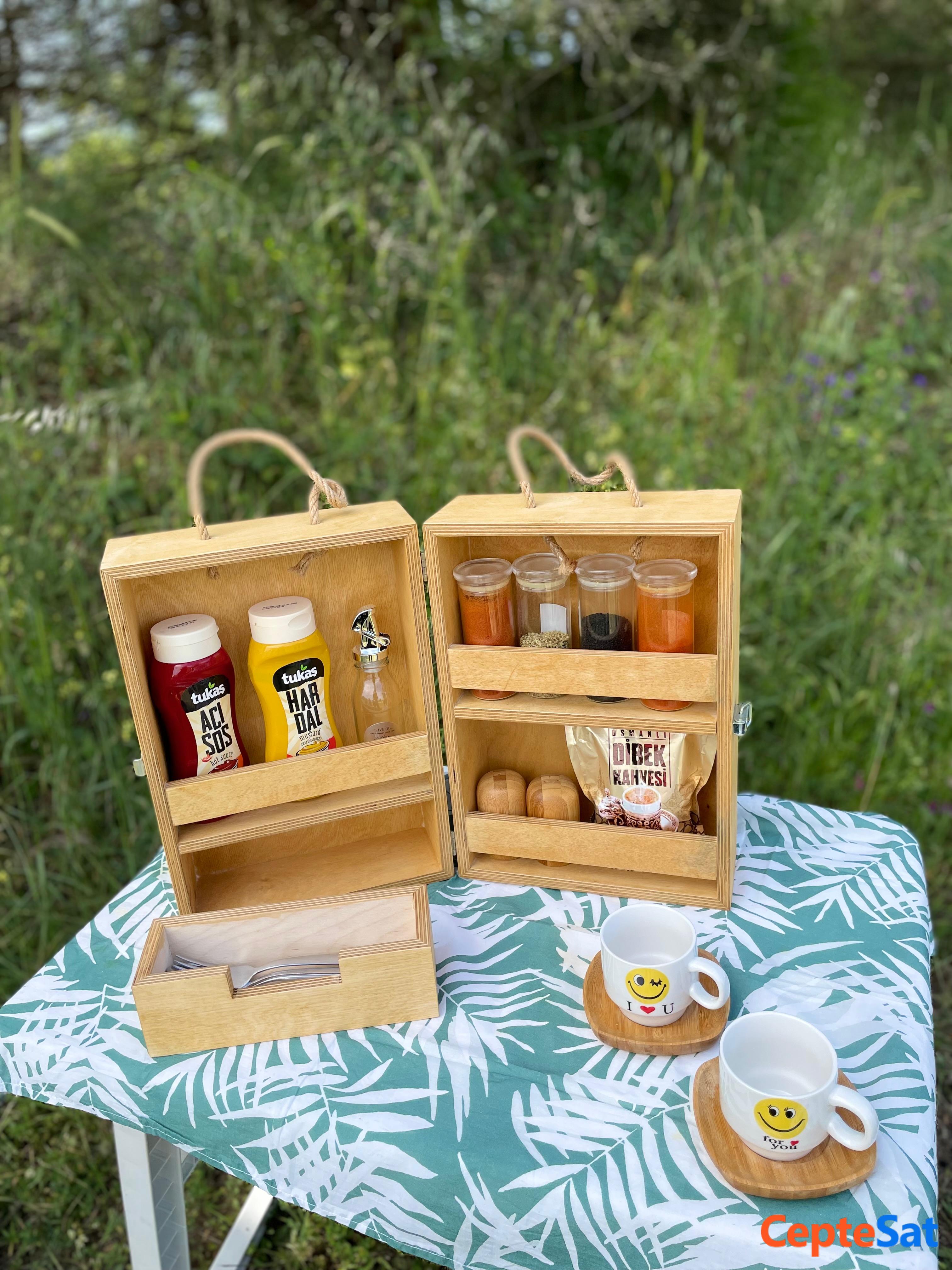 Kamp Piknik Baharat Rafı Ahşap Organizer